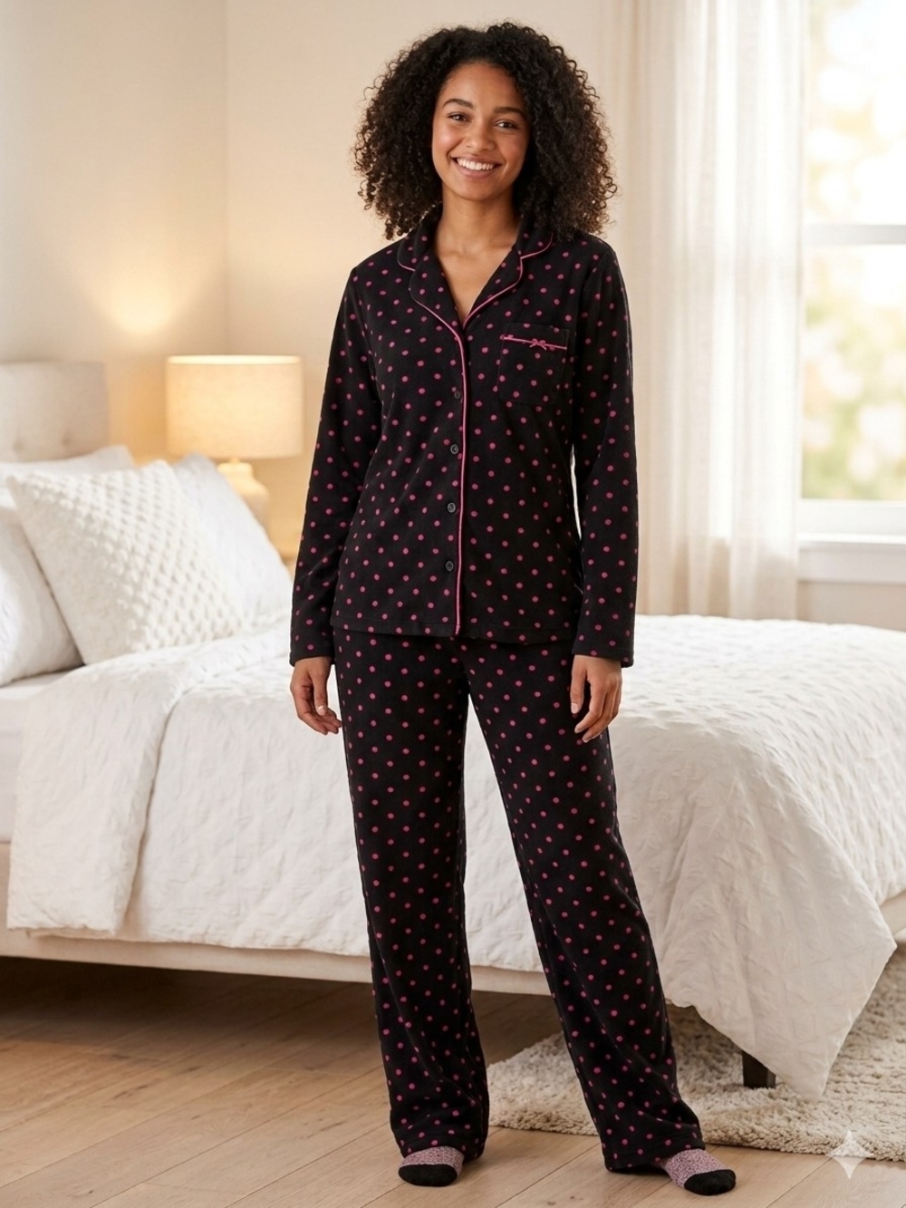 Charter Club Intimates Black Pajama Set with Pink Polka Dots Size Small